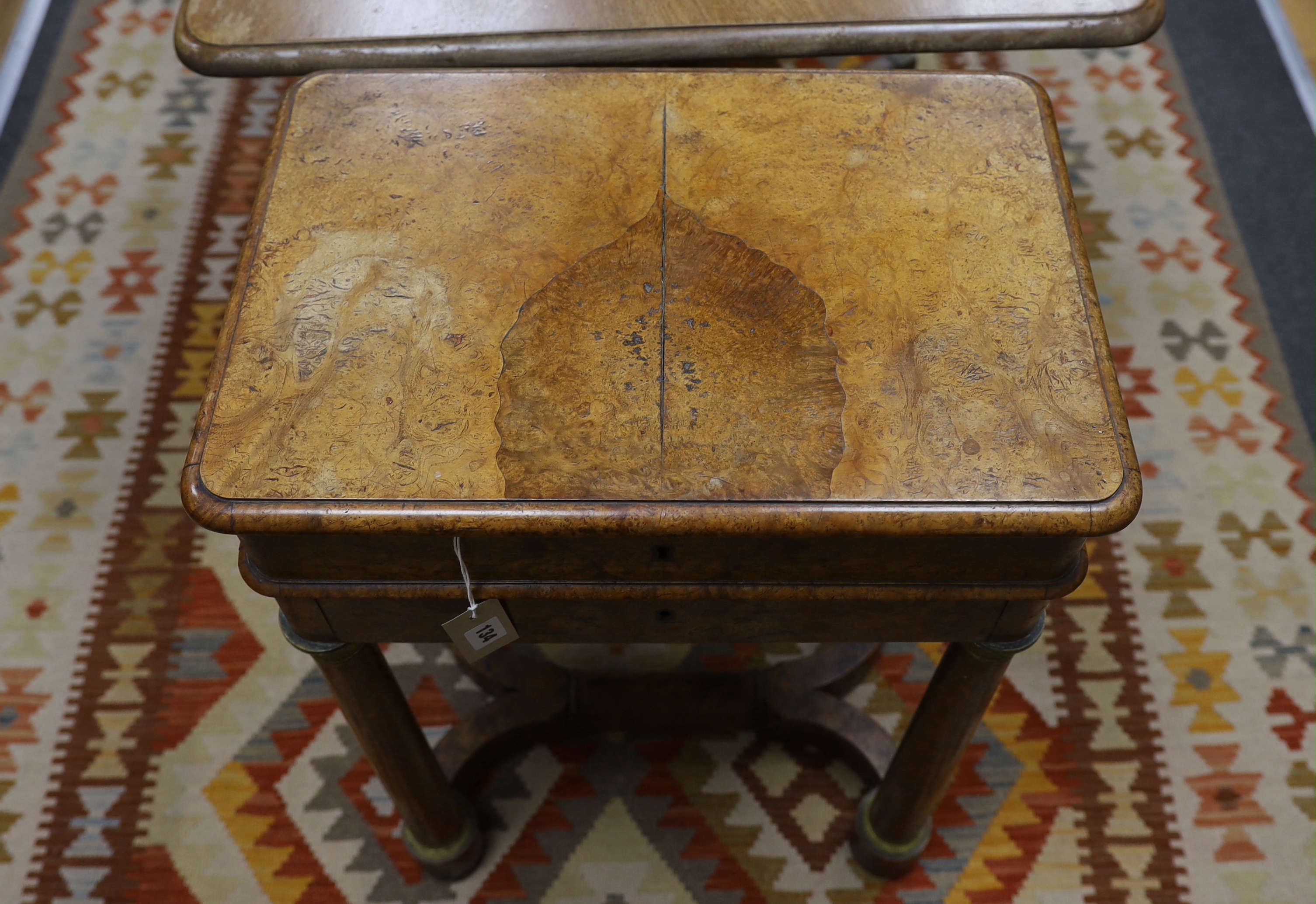 A 19th century Biedermeier gilt metal mounted burr maple writing table, width 52cm, depth 35cm, height 76cm